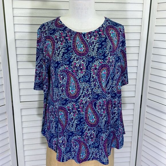 Chico’s Paisley Short Sleeve Top Size 2 (12)  Stretchy NWOT - Picture 2 of 12
